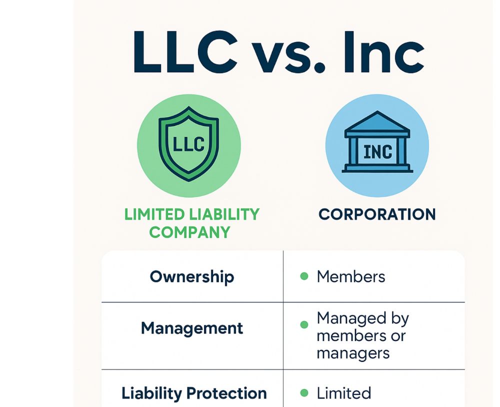LLC versus Inc comparison infographic.